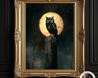 Gothic Owl Painting, Dark Academia Full Moon Owl Wall Art Print, Rustic Dark Fantasy Decor, Wildlife, Witchy Celestial Bird Decor 6-GOT073