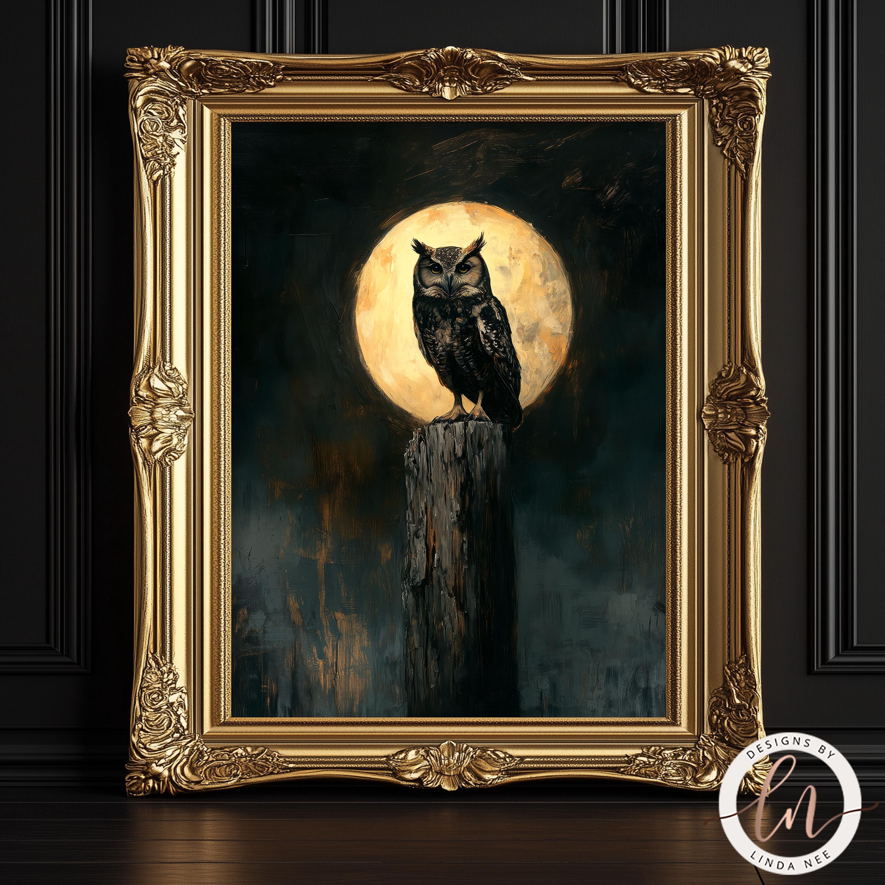フクロウの絵 ゴシックフクロウの絵画、ダークアカデミア満月フクロウウォールアート