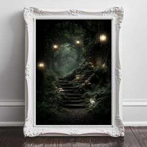 A white picture frame with a painting of a forest path with a rabbit and mushrooms in the background.