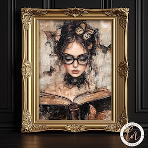 May include: A framed illustration of a woman with dark hair and glasses reading a book. The woman is surrounded by butterflies and the background is a vintage newspaper print.