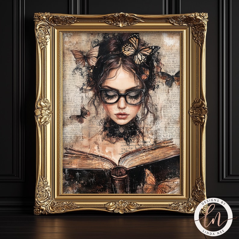 May include: A framed illustration of a woman with dark hair and glasses reading a book. The woman is surrounded by butterflies and the background is a vintage newspaper print.