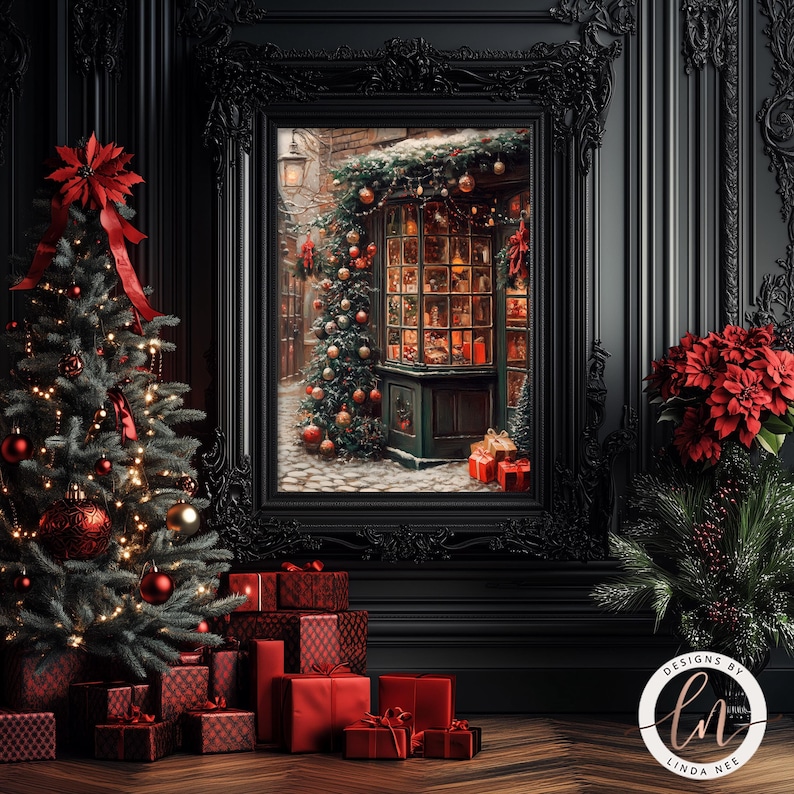 a painting of a christmas tree with presents in front of it