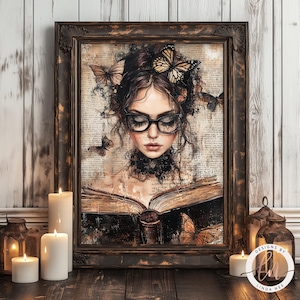 Czytająca Kobieta Malarstwo, Uczona Kobieca, Królowa Literatury, Dark Academia Library Wall Art Print, Boho Book Decopauge, Poezja 6-GOT079