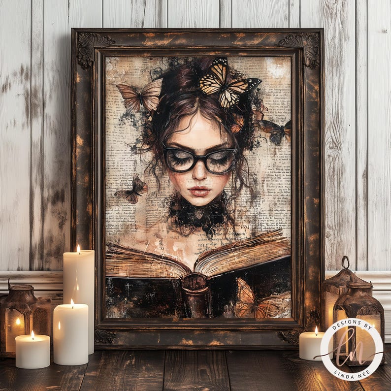 May include: A framed print of a woman with dark hair and glasses reading a book. The background is a vintage, textured paper with butterflies and text. The frame is dark brown with gold accents.