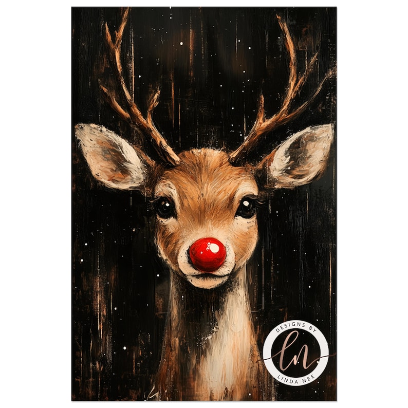 a painting of a deer with a red nose