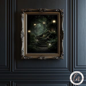 a dark, ornate frame with a painting of a forest path with a small rabbit in the distance.