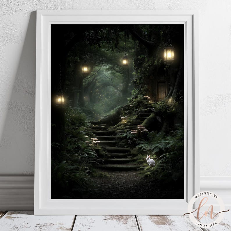A whimsical forest scene with a winding path leading up to a small wooden cabin, surrounded by lush greenery and mushrooms.