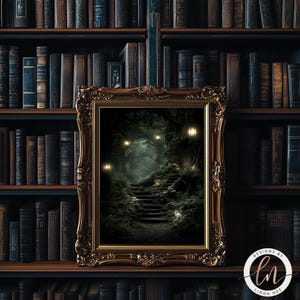 a dark, mysterious forest scene with a winding path leading through the trees, illuminated by a series of small lights. The scene is framed in an ornate gold frame, which is placed on a bookshelf filled with books.