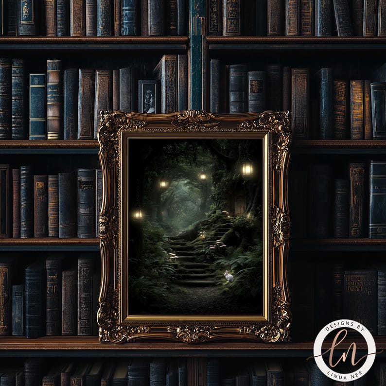 a dark, mysterious forest scene with a winding path leading through the trees, illuminated by a series of small lights. The scene is framed in an ornate gold frame, which is placed on a bookshelf filled with books.