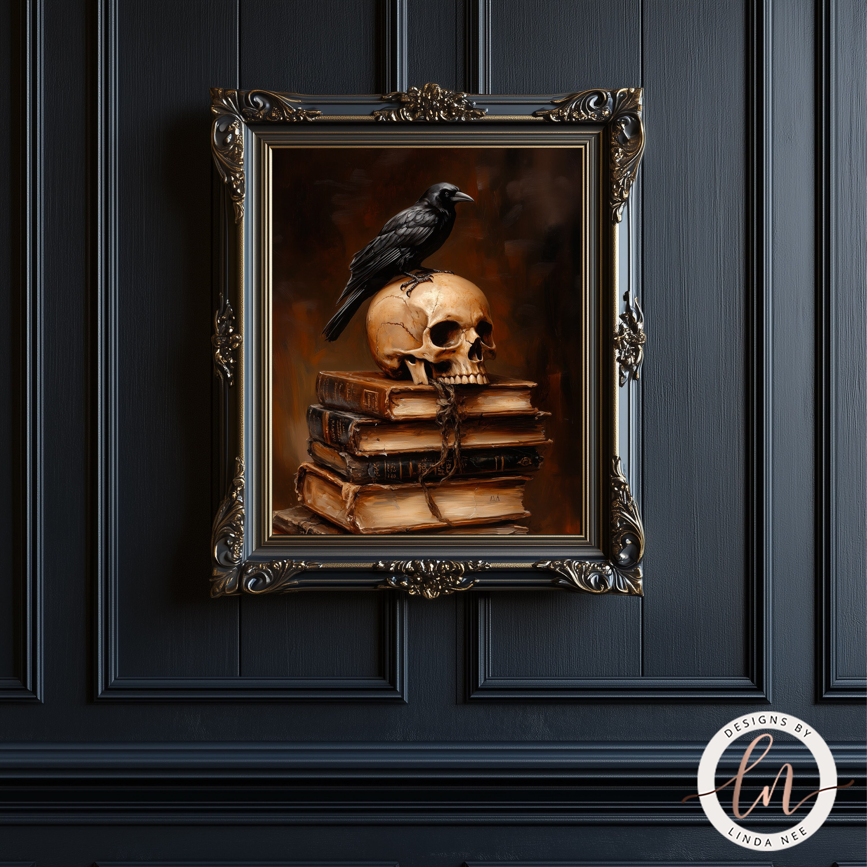 Gothic Raven and Skulls on Books, Dark Academia Library Wall Art Print ...