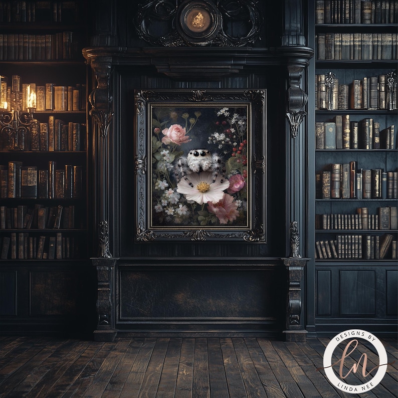 a dark, ornate room with a large bookshelf filled with books, a framed painting of flowers, and a chandelier hanging from the ceiling.
