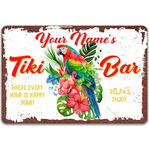 Custom Tiki Bar Sign, Parrot Sign, Poolside Bar Sign, Personalized Bar Decor, Tropical Hawaiian Sign, Happy Hour Relax and Enjoy P-SUM017