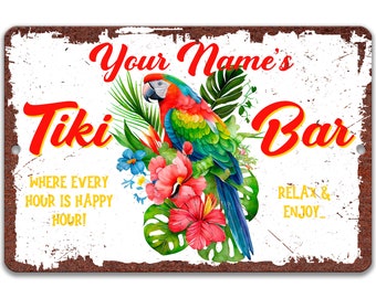Niestandardowy znak Tiki Bar, znak Parrot, znak baru przy basenie, spersonalizowany wystrój baru, tropikalny znak hawajski, Happy Hour Relax and Enjoy P-SUM017