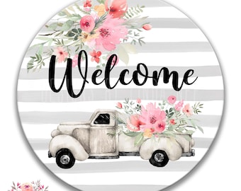 Segno di benvenuto primaverile, Segno di corona di camion, Segni di corona di primavera, Segno di camion vintage, Segno di camion di primavera, Segno di corona floreale rosa, Estate F-WEL003