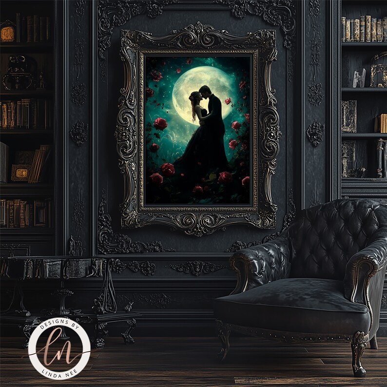 a painting of a couple kissing under a full moon