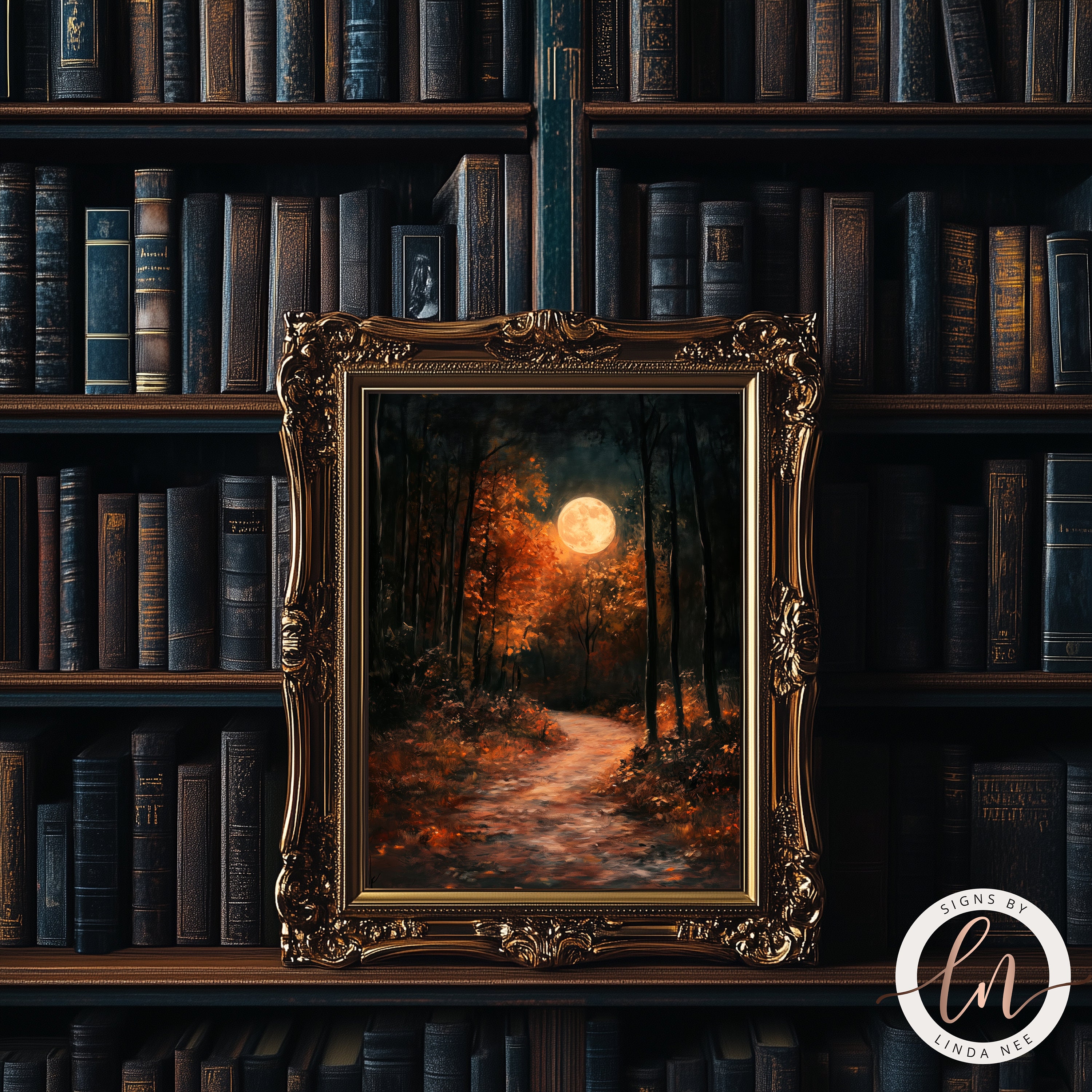 Autumn Full Moon Dark Forest Art Print, Dark Cottagecore, Moody Fall ...