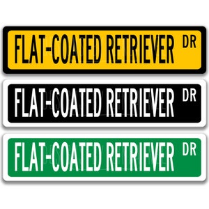 May include: Three street signs with black borders and white lettering. The top sign is yellow with the text "FLAT-COATED RETRIEVER DR". The middle sign is black with the text "FLAT-COATED RETRIEVER DR". The bottom sign is green with the text "FLAT-COATED RETRIEVER DR".