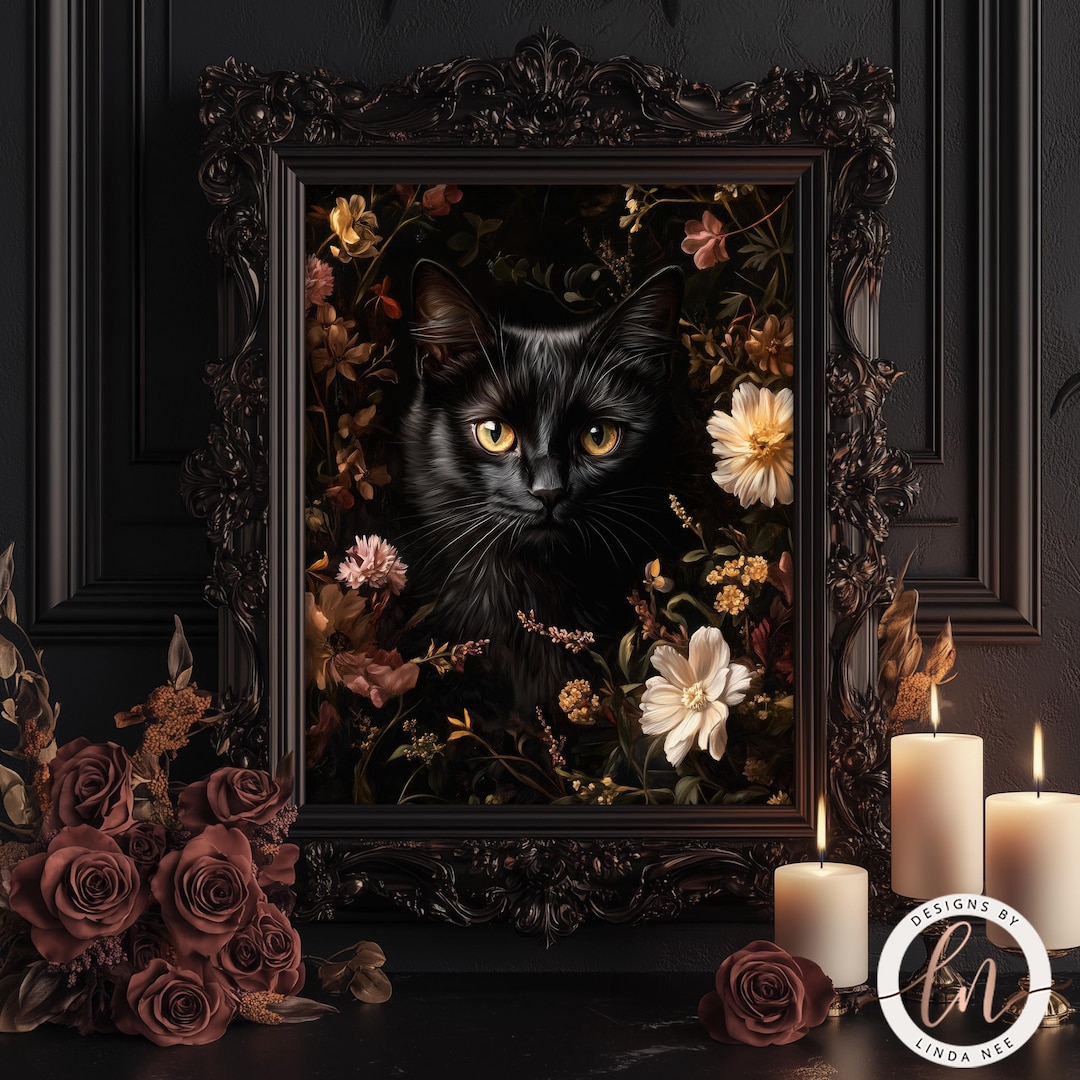 Black Cat Floral Wall Art | Gothic Cottagecore Decor | Dark Botanical ...
