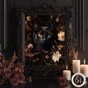 Blumenbild Schwarze Katze, Blumen Katze Vintage Poster, Academia Dark Academia, Gothic Ölgemälde, Cottagecore Dekor 6-GOT047