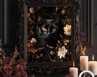 May include: A black cat with yellow eyes is framed in a dark ornate frame. The cat is surrounded by a variety of flowers and foliage in shades of brown, yellow, and white. The image is set against a dark background.