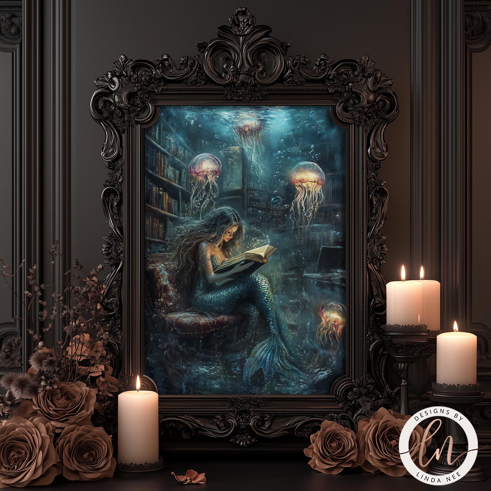 Mermaid Lib Surreal Mermaid Library Print, Dark Fantasy Reader Wall Art, Jellyfish ...