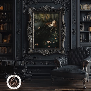 May include: A black and gold ornate frame surrounds a painting of a woman in a black dress lying in a pool of water with flowers. The painting is hanging on a black wall in a room with a black leather armchair.