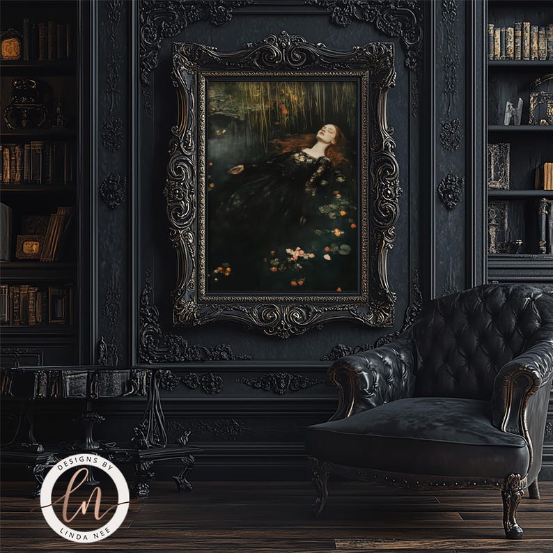 May include: A black and gold ornate frame surrounds a painting of a woman in a black dress lying in a pool of water with flowers. The painting is hanging on a black wall in a room with a black leather armchair.