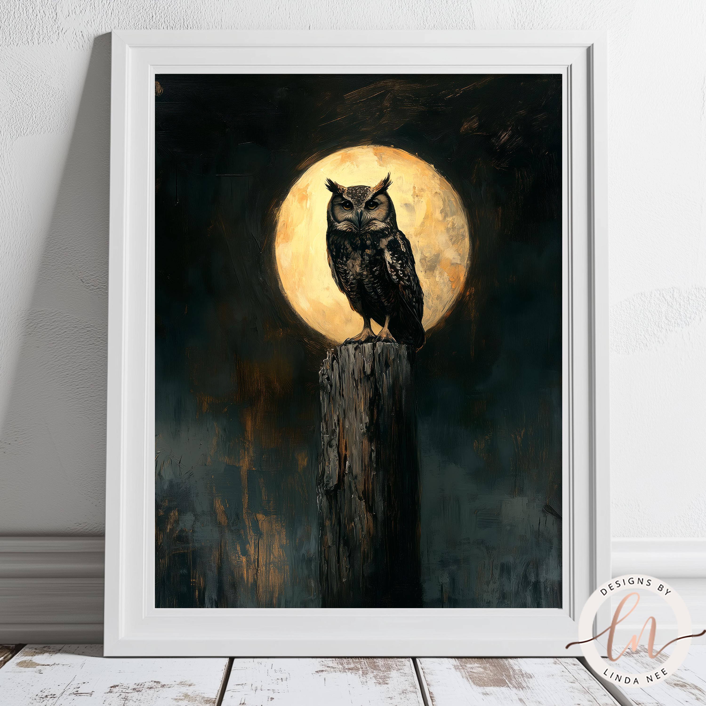 ゴシックフクロウの絵画、ダークアカデミア満月フクロウウォールアート