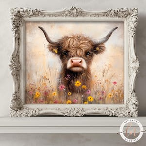 Baby Cow in Wildflowers Oil Painting, Vintage Cow Print, Rustic Farmhouse Spring Decor, Antique Wildflowers Print, Farm Animals 6-SPR020