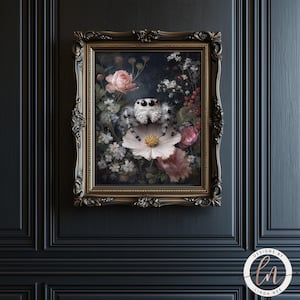 a painting of a spider sitting on a flower, surrounded by a lush floral background.