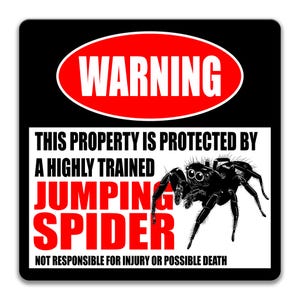 May include: A black and white square sign with a jumping spider illustration. The sign has the word "WARNING" in a red oval at the top. Below, text reads "THIS PROPERTY IS PROTECTED BY A HIGHLY TRAINED JUMPING SPIDER. NOT RESPONSIBLE FOR INJURY OR POSSIBLE DEATH."