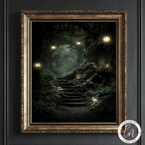 A framed image depicting a serene forest scene with a winding path leading up to a small wooden cabin, surrounded by lush greenery and illuminated by lanterns hanging from the trees.
