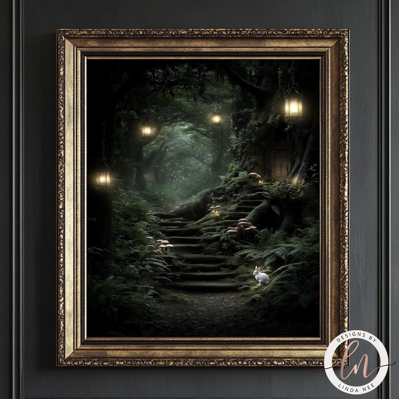 A framed image depicting a serene forest scene with a winding path leading up to a small wooden cabin, surrounded by lush greenery and illuminated by lanterns hanging from the trees.