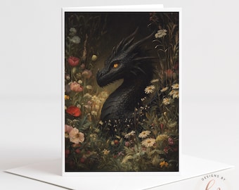 Black Dragon in Wildflowers Greeting Card, Dark Fantasy Bookish Card