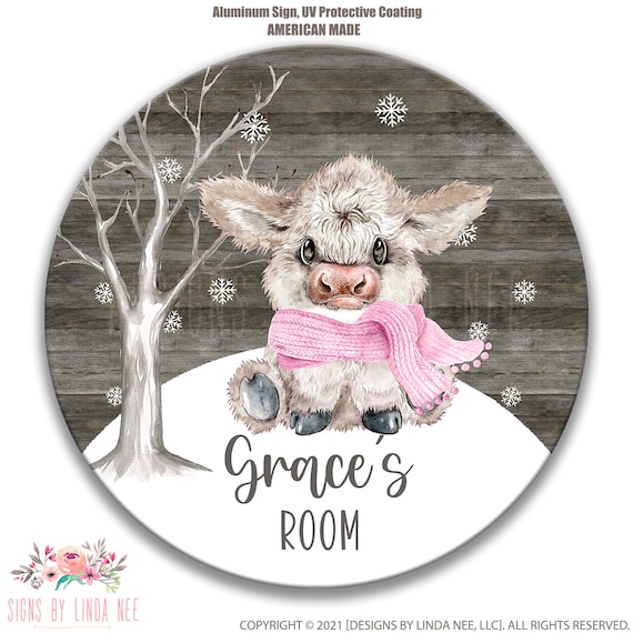 Personalized Nursery Sign, Baby Girl Highland Cow Sign, Girl Nursery Decor, Bedroom Door Name Sign, Winter Theme, Door Hanging Name B-XMS002