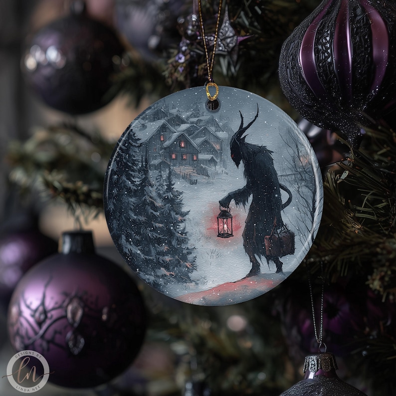 a Christmas tree decorated with various ornaments, including a large circular ornament depicting a dark figure holding a lantern and walking through a snowy landscape.