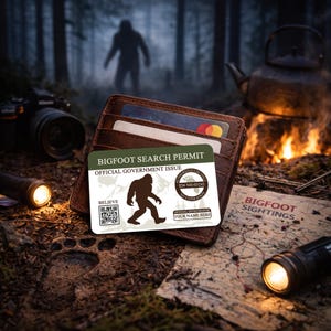 Personalisierte Bigfoot-Sucherlaubnis, Lizenz in Metallbrieftaschengröße, Jagderlaubnis, Sasquatch-Geschenke, kryptozoologische Enthusiasten 8-ANM030