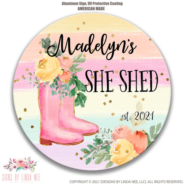 Personalized She Shed Sign, She Shed Gift, Pink Boots Flowers Custom Woman's Shed Sign, Cute She Shed Decor, She Shed Door Sign F-SHE009