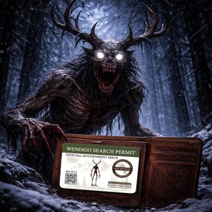 Permiso de búsqueda de Wendigo, licencia de folclore, tarjeta de identificación con billetera metálica personalizada