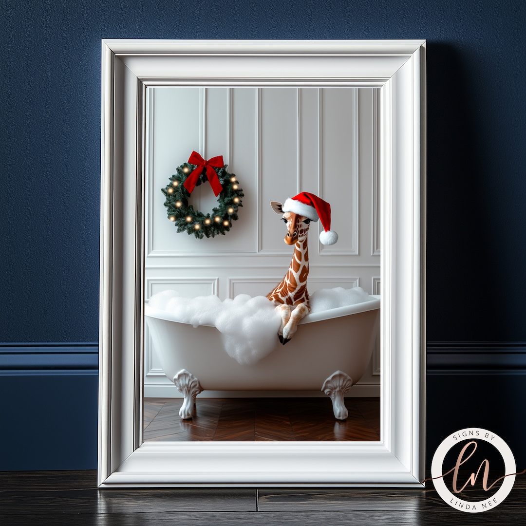 Cute Giraffe in Tub Wall Art, Christmas Bathroom Wall Art Print ...