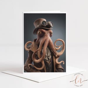 Puede incluir: Tarjeta de felicitación con un pulpo steampunk con sombrero de copa marrón, gafas y chaqueta de cuero. El pulpo tiene piel detallada y múltiples tentáculos. La tarjeta está sobre un fondo gris.