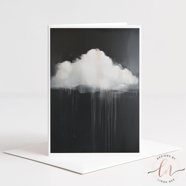 Minimalist Rain Cloud Greeting Card, Moody Black and White Modern Decor, Linen 5x7, Blank