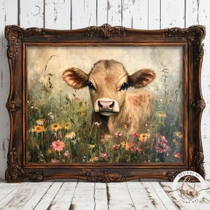 Baby Cow Wall Art, Rustic Farmhouse Highland Cow in Wildflowers Oil Painting, Baby Calf Vintage Cow Print, Wildflowers, Landscape 6-SPR017