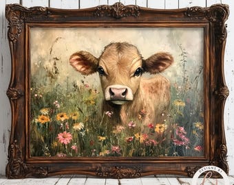 May include: A painting of a brown and white calf standing in a field of wildflowers. The calf is looking directly at the viewer with a sweet expression. The background is a soft, blurry landscape with a light blue sky.