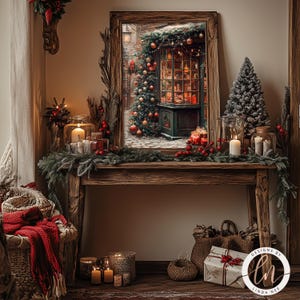 a christmas scene with a fireplace and mantle