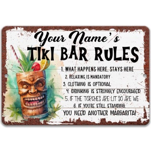 Señal de reglas de barra Tiki personalizada, señal de barra junto a la piscina, decoración de barra personalizada, señal hawaiana tropical, P-SUM023