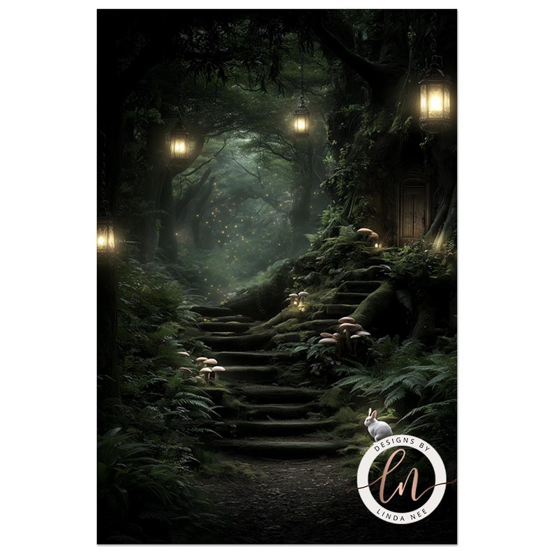 A mystical forest path with a rabbit standing on the steps, surrounded by glowing mushrooms and lanterns.