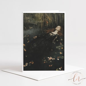 Tarjeta de felicitación de Ofelia en el agua, retrato gótico romántico, arte inspirado en Shakespeare y Hamlet, lino 5x7