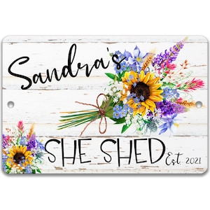 Letrero personalizado para caseta de jardín, letrero personalizado para caseta de jardín con ramo floral, regalo para caseta de jardín, linda decoración para caseta de jardinería, caseta de jardín F-SHE005