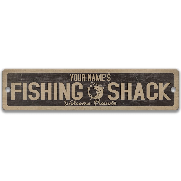 Fishing Shack Sign, Personalized Welcome Friends Fisherman Name Gift, Custom Metal Fish Lover Cabin Sign, Lake House Decor, Bass E-WEL001